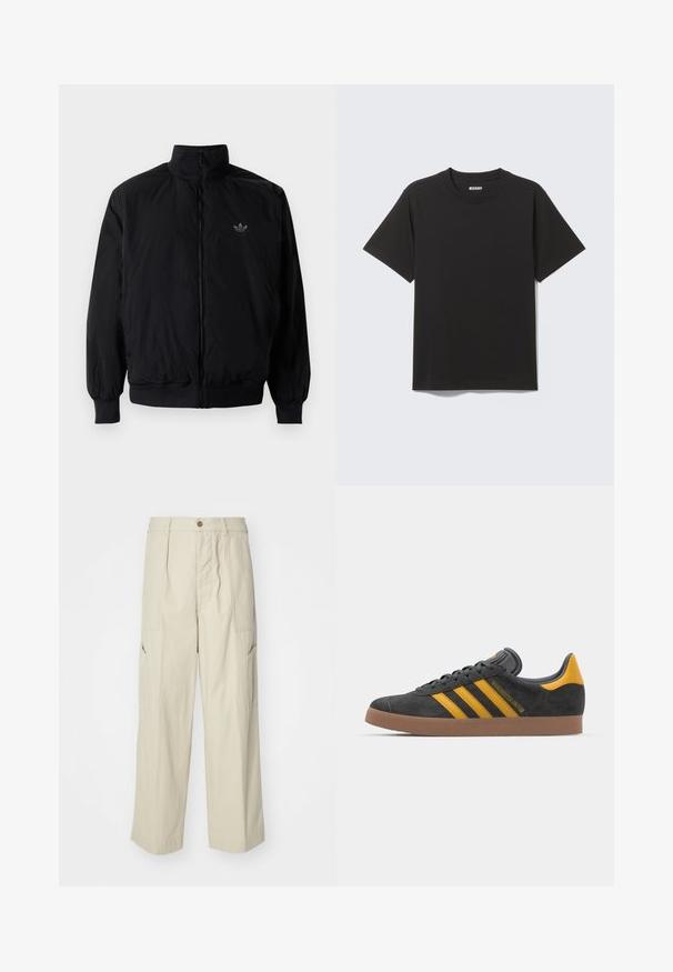 Black zipped jacket with high collar, made of lightweight material. Features elastic cuffs and waistband, with a small logo on the upper left.; Black short-sleeve T-shirt made of soft cotton, featuring a round neckline and simple design without patterns or accents.; Beige cargo pants with a loose fit, two front pockets, and a slightly textured fabric. Features a button closure and wide-leg design.; Black suede sneaker with yellow accents, featuring three stripes and a brown rubber sole. Includes a padded tongue for comfort.