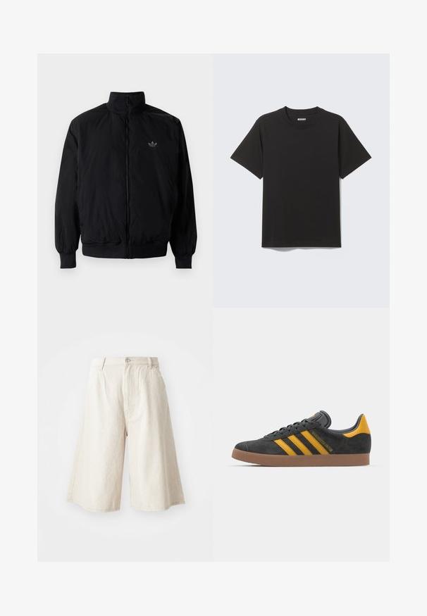 Black zipped jacket with high collar, made of lightweight material. Features elastic cuffs and waistband, with a small logo on the upper left.; Black short-sleeve T-shirt made of soft cotton, featuring a round neckline and simple design without patterns or accents.; Beige wide-leg shorts made of cotton, featuring a straight cut, front pockets, and a visible button closure at the waist.; Black suede sneaker with yellow accents, featuring three stripes and a brown rubber sole. Includes a padded tongue for comfort.