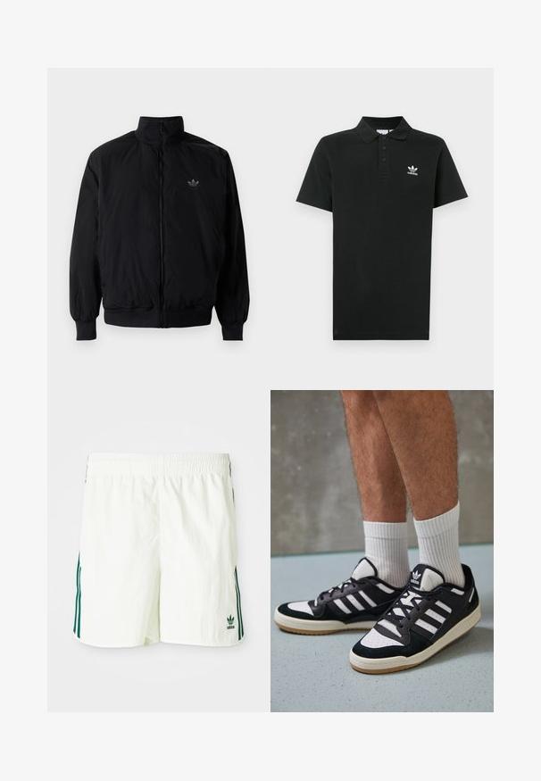 Crna jakna na zip s visokim ovratnikom, izrađena od laganog materijala. Ima elastične manžete i pojas, s malim logotipom na gornjem lijevom dijelu.; Crna pamučna polo majica s tri gumba, kratkim rukavima i malim bijelim Adidas logotipom na lijevoj strani prsa.; Bijele kratke hlače s elastičnom gumicom u struku, sa zelenim vertikalnim prugama sa strane i izvezenim Adidas logotipom u zelenoj boji.; Crne i bijele tenisice s gornjim dijelom od antilopa i kože, s tri bijele pruge, perforiranim prstom i gumiranim potplatom.