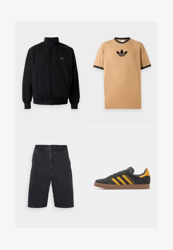 Giacca nera con zip e colletto alto, realizzata in materiale leggero. Presenta polsini e vita elastici, con un piccolo logo in alto a sinistra.; T-shirt in cotone color sabbia con colletto e polsini a coste neri. Presenta un logo Adidas nero con tre strisce sotto il logo sul petto.; Shorts in denim nero con taglio dritto, dotati di chiusura con bottone e due tasche laterali. Orlo non completo con sottili dettagli di scolorimento.; Sneaker in suede nero con dettagli gialli, dotato di tre strisce e una suola in gomma marrone. Include una linguetta imbottita per il comfort.