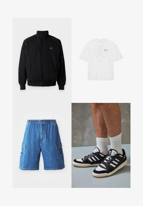 Czarna kurtka zapinana na zamek z wysokim kołnierzem, wykonana z lekkiego materiału. Posiada elastyczne mankiety i pas, oraz małe logo na górnej lewej stronie.; Biała bawełniana koszulka z krótkim rękawem, z nadrukiem na przodzie, który głosi "Wznieś się ku spokoju" w czerni i zieleni.; Dżinsowe szorty cargo w średnim odcieniu niebieskiego z elastycznym paskiem, wieloma bocznymi kieszeniami i prostym krojem. Teksturowana tkanina z widocznym przeszyciem.; Czarno-białe sneakersy z zamszową i skórzaną cholewką, z trzema białymi paskami, perforowanym czubkiem i gumową podeszwą w kolorze gumy.