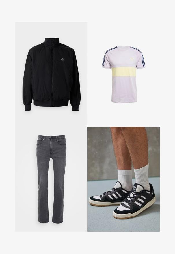 Black zipped jacket with high collar, made of lightweight material. Features elastic cuffs and waistband, with a small logo on the upper left.; Light purple cotton T-shirt with a yellow horizontal stripe, navy blue three-stripe design on shoulders, and small adidas logo in yellow.; Gray denim jeans with a straight leg design, featuring front pockets and a classic button closure. Smooth texture with subtle fading.; Black and white sneakers with a suede and leather upper, featuring three white stripes, a perforated toe, and a gum rubber sole.
