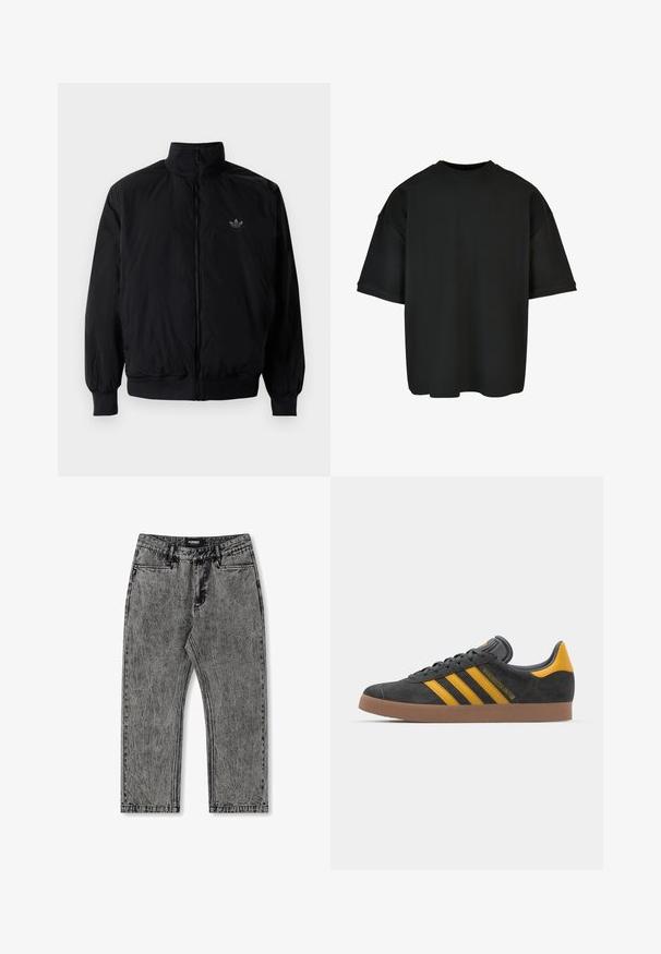 Černá zipová bunda s vysokým límcem, vyrobená z lehkého materiálu. Má elastické manžety a pas, s malým logem na horní levé straně.; Černé oversized tričko vyrobené z ribbrované látky. Kulatý výstřih, krátké rukávy a uvolněný střih se rovním lemem. Jednoduchý a univerzální design.; Šedé džíny z denimu s opotřebeným vzhledem, rovný střih a pět kapsami. Obsahuje štítek s nápisem "FORMER" na pase.; Černé semišové tenisky se žlutými akcenty, vybavené třemi pruhy a hnědou gumovou podrážkou. Obsahují polstrovaný jazyk pro pohodlí.