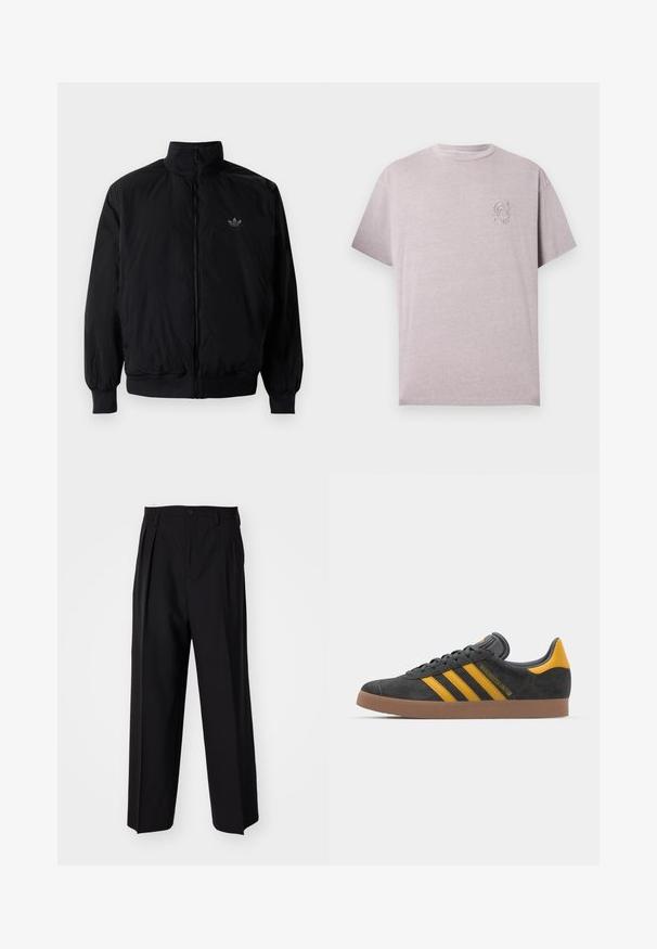 Black zipped jacket with high collar, made of lightweight material. Features elastic cuffs and waistband, with a small logo on the upper left.; Lilac short-sleeve t-shirt made of soft fabric. Features a small embroidered logo on the left chest. Relaxed, boxy fit with a round neck.; Black pleated trousers with a straight, wide-leg design. Made from smooth fabric, featuring a button closure and belt loops.; Black suede sneaker with yellow accents, featuring three stripes and a brown rubber sole. Includes a padded tongue for comfort.