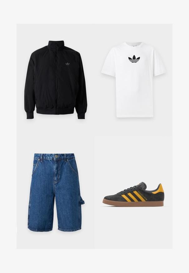 Čierna zips kombinéza s vysokým golierom, vyrobená z ľahkého materiálu. Obsahuje elastické manžety a pás, s malým logom na hornej ľavej strane.; Biely bavlnený tričko s čiernym logom Adidas v strede. Krátke rukávy a okrúhly výstrih. Hladká textúra.; Denimové šortky v stredne modrej farbe, s vysokým pásom, dvoma prednými vreckami a bočným vreckom so strapcom. Hladká textúra, ležérny dizajn.; Čierne semišové tenisky so žltými akcentmi, ktoré majú tri pruhy a hnedú gumovú podrážku. Obsahujú vypolstrovaný jazyk pre pohodlie.