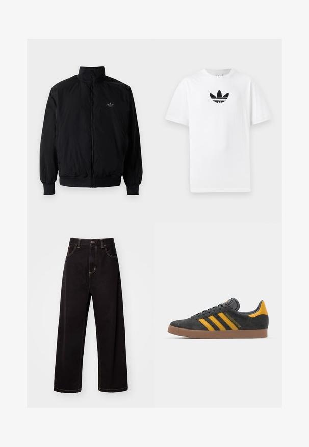 Black zipped jacket with high collar, made of lightweight material. Features elastic cuffs and waistband, with a small logo on the upper left.; White cotton T-shirt featuring a black Adidas logo at the center. Short sleeves and a crew neck design. Smooth texture.; Black denim wide-leg pants with contrast stitching, five-pocket design, and a front button closure. Smooth texture and sturdy fabric.; Black suede sneaker with yellow accents, featuring three stripes and a brown rubber sole. Includes a padded tongue for comfort.
