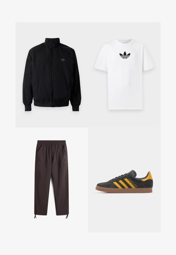 Czarna kurtka zapinana na zamek z wysokim kołnierzem, wykonana z lekkiego materiału. Posiada elastyczne mankiety i pas, oraz małe logo na górnej lewej stronie.; Biała bawełniana koszulka z krótkim rękawem, z czarnym logo Adidas na środku. Klasyczny fason z okrągłym dekoltem. Gładka tekstura.; Ciemnobrązowe, lekkie spodnie z elastycznym pasem, dwiema bocznymi kieszeniami, zwężanymi nogawkami oraz regulowanymi sznurkami przy mankietach.; Czarne zamszowe sneakersy z żółtymi akcentami, z trzema paskami i brązową gumową podeszwą. Posiadają wyściełany język dla większego komfortu.