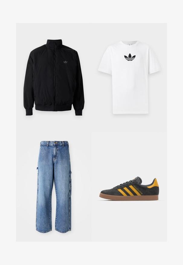 Crna jakna na zip s visokim ovratnikom, izrađena od laganog materijala. Ima elastične manžete i pojas, s malim logotipom na gornjem lijevom dijelu.; Bijela pamučna majica s crnim Adidas logom u centru. Kratki rukavi i dizajn s okruglim izrezom. Glatka tekstura.; Svijetloplave traper cargo hlače s širokim nogavicama, koje imaju bočne džepove, istrošenu teksturu i malo izfranjene rubove.; Crne nubuk tenisice s žutim detaljima, sa tri pruge i smešnim gumenim potplatom. Imaju jastučić na jeziku za udobnost.