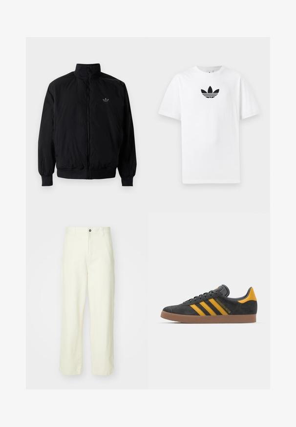 Black zipped jacket with high collar, made of lightweight material. Features elastic cuffs and waistband, with a small logo on the upper left.; White cotton T-shirt featuring a black Adidas logo at the center. Short sleeves and a crew neck design. Smooth texture.; Light yellow cotton trousers with a straight-leg cut, featuring a front button closure, belt loops, and a clean, minimalist design.; Black suede sneaker with yellow accents, featuring three stripes and a brown rubber sole. Includes a padded tongue for comfort.