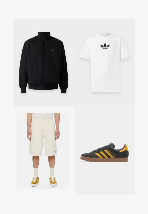 Giacca nera con zip e colletto alto, realizzata in materiale leggero. Presenta polsini e vita elastici, con un piccolo logo in alto a sinistra.; T-shirt bianco in cotone con logo Adidas nero al centro. Maniche corte e design con girocollo. Texture liscia.; Pantaloni corti beige in cotone con taglio dritto, frontale piatto e tasche laterali. Presenta una piccola toppa con logo vicino all'orlo. Indossati con scarpe da ginnastica gialle.; Sneaker in suede nero con dettagli gialli, dotato di tre strisce e una suola in gomma marrone. Include una linguetta imbottita per il comfort.