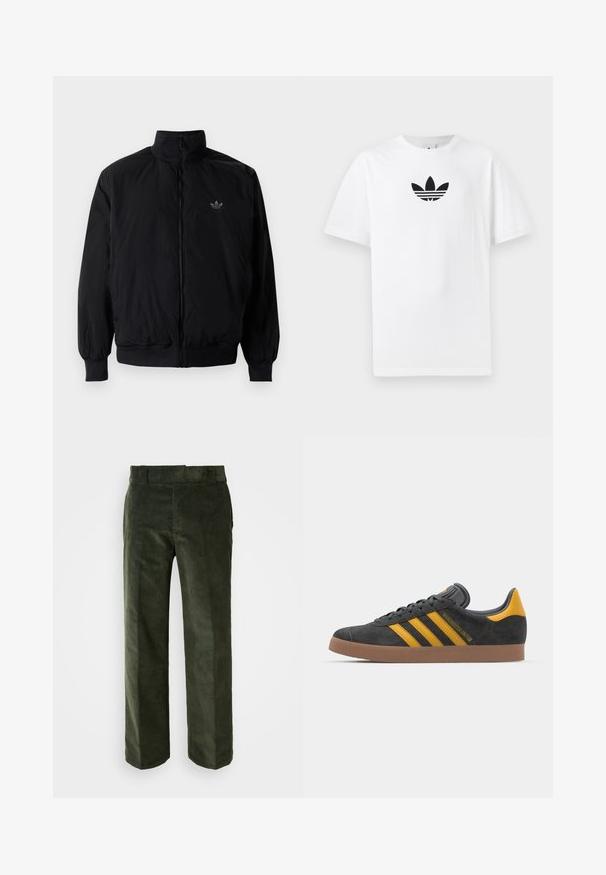 Black zipped jacket with high collar, made of lightweight material. Features elastic cuffs and waistband, with a small logo on the upper left.; White cotton T-shirt featuring a black Adidas logo at the center. Short sleeves and a crew neck design. Smooth texture.; Dark green corduroy trousers with a straight-leg design, featuring a flat waistband and side pockets. Soft texture with vertical ribbing.; Black suede sneaker with yellow accents, featuring three stripes and a brown rubber sole. Includes a padded tongue for comfort.