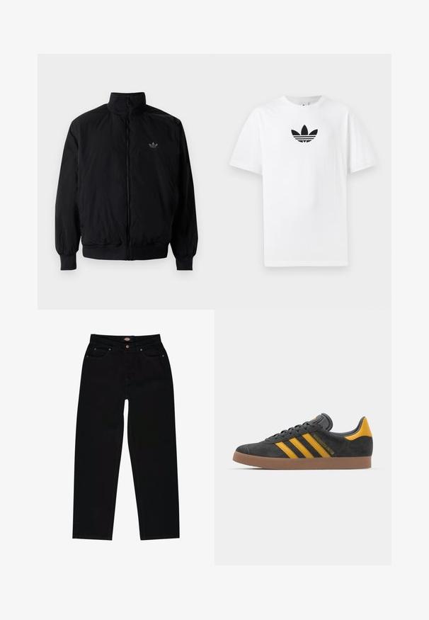 Czarna kurtka zapinana na zamek z wysokim kołnierzem, wykonana z lekkiego materiału. Posiada elastyczne mankiety i pas, oraz małe logo na górnej lewej stronie.; Biała bawełniana koszulka z krótkim rękawem, z czarnym logo Adidas na środku. Klasyczny fason z okrągłym dekoltem. Gładka tekstura.; Czarne dżinsy o prostym kroju, z pięcioma kieszeniami, brązowymi przeszyciami i zapięciem na zamek błyskawiczny. Gładka tekstura i wytrzymały materiał.; Czarne zamszowe sneakersy z żółtymi akcentami, z trzema paskami i brązową gumową podeszwą. Posiadają wyściełany język dla większego komfortu.