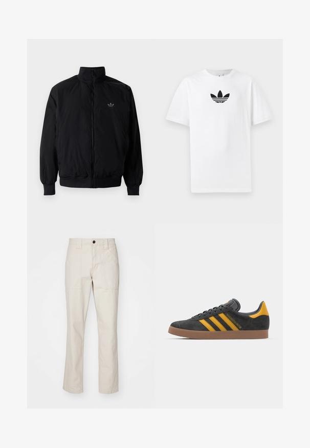 Giacca nera con zip e colletto alto, realizzata in materiale leggero. Presenta polsini e vita elastici, con un piccolo logo in alto a sinistra.; T-shirt bianco in cotone con logo Adidas nero al centro. Maniche corte e design con girocollo. Texture liscia.; Pantaloni in cotone beige con gamba dritta, dotati di due tasche frontali, chiusura con un bottone e dettagli di cucitura in evidenza.; Sneaker in suede nero con dettagli gialli, dotato di tre strisce e una suola in gomma marrone. Include una linguetta imbottita per il comfort.