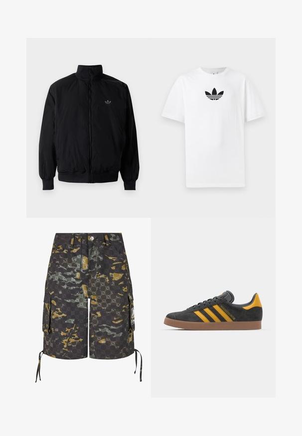 Czarna kurtka zapinana na zamek z wysokim kołnierzem, wykonana z lekkiego materiału. Posiada elastyczne mankiety i pas, oraz małe logo na górnej lewej stronie.; Biała bawełniana koszulka z krótkim rękawem, z czarnym logo Adidas na środku. Klasyczny fason z okrągłym dekoltem. Gładka tekstura.; Bermudy cargo w kamuflażowym materiale z ciemnoszarymi, zielonymi i żółtymi wzorami. Zawierają kieszenie boczne i regulowane sznurki.; Czarne zamszowe sneakersy z żółtymi akcentami, z trzema paskami i brązową gumową podeszwą. Posiadają wyściełany język dla większego komfortu.