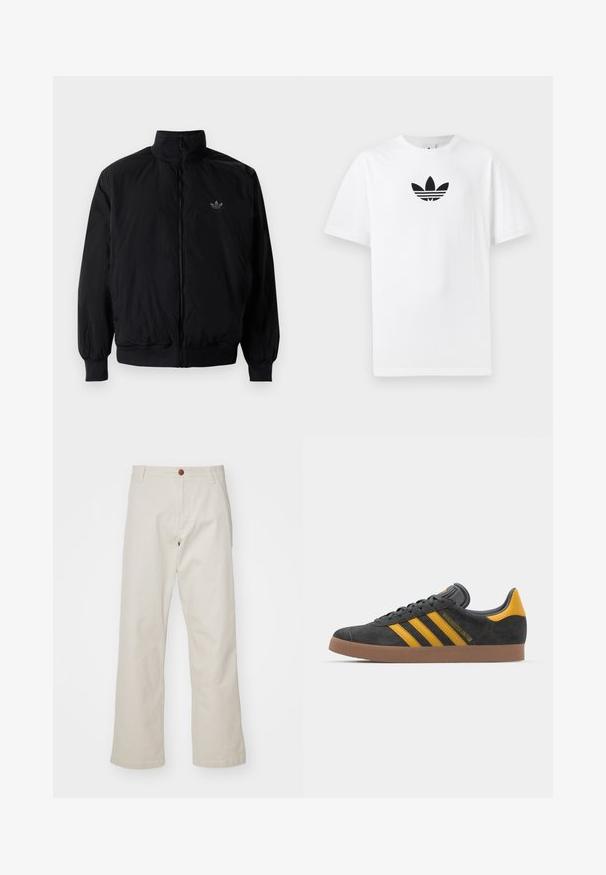 Zwarte geluiting jack met hoge kraag, gemaakt van lichtgewicht materiaal. Voorzien van elastische manchetten en tailleband, met een klein logo op de linkerbovenkant.; Witte katoenen T-shirt met een zwart Adidas-logo in het midden. Korte mouwen en een ronde hals. Gladde textuur.; Beige katoenen broek met een rechte pijpdesign, voorzien van een knoopsluiting aan de voorkant, riemlussen en standaard zakken. Soepele textuur.; Zwarte suède sneakers met gele accenten, voorzien van drie strepen en een bruine rubberen zool. Inclusief een gevoerde tong voor comfort.