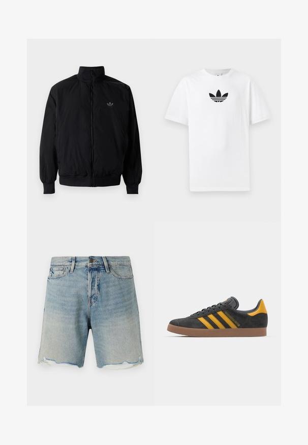 Black zipped jacket with high collar, made of lightweight material. Features elastic cuffs and waistband, with a small logo on the upper left.; White cotton T-shirt featuring a black Adidas logo at the center. Short sleeves and a crew neck design. Smooth texture.; Denim shorts in light blue with a faded finish. Features a frayed hem and standard five-pocket design. Metal button closure at the waist.; Black suede sneaker with yellow accents, featuring three stripes and a brown rubber sole. Includes a padded tongue for comfort.