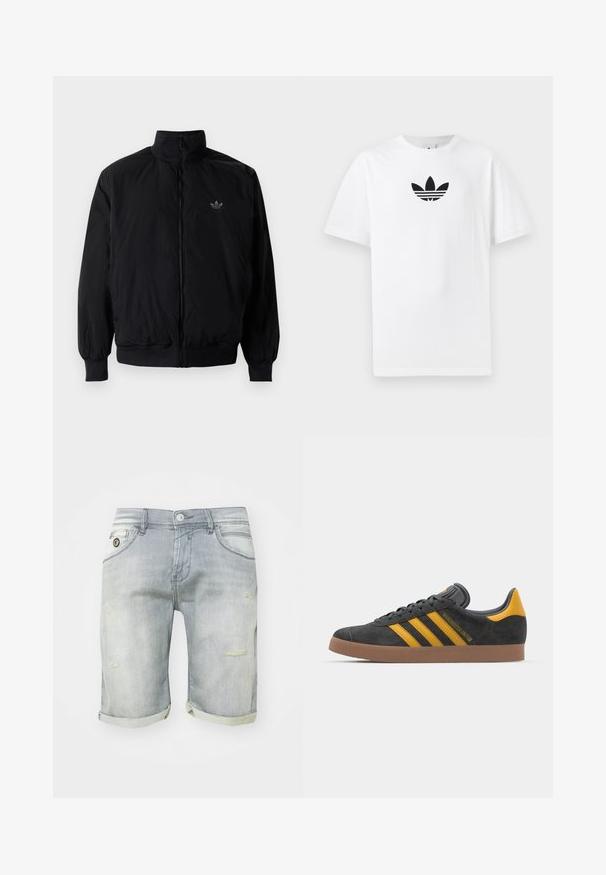 Czarna kurtka zapinana na zamek z wysokim kołnierzem, wykonana z lekkiego materiału. Posiada elastyczne mankiety i pas, oraz małe logo na górnej lewej stronie.; Biała bawełniana koszulka z krótkim rękawem, z czarnym logo Adidas na środku. Klasyczny fason z okrągłym dekoltem. Gładka tekstura.; Jasnoniebieskie szorty dżinsowe z wyblakłym wykończeniem, z podwiniętymi nogawkami, przednimi kieszeniami oraz przetarciami na udzie. Zapięcie na guzik w talii.; Czarne zamszowe sneakersy z żółtymi akcentami, z trzema paskami i brązową gumową podeszwą. Posiadają wyściełany język dla większego komfortu.