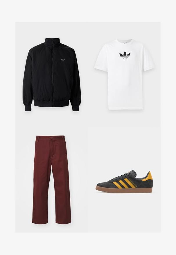Giacca nera con zip e colletto alto, realizzata in materiale leggero. Presenta polsini e vita elastici, con un piccolo logo in alto a sinistra.; T-shirt bianco in cotone con logo Adidas nero al centro. Maniche corte e design con girocollo. Texture liscia.; Pantaloni dritti bordeaux realizzati in tessuto morbido; dotati di chiusura con bottone e tasca frontale. Design semplice con dettagli di cucitura.; Sneaker in suede nero con dettagli gialli, dotato di tre strisce e una suola in gomma marrone. Include una linguetta imbottita per il comfort.