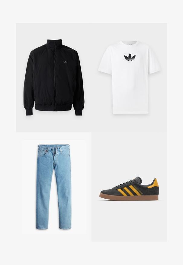 Crna jakna na zip s visokim ovratnikom, izrađena od laganog materijala. Ima elastične manžete i pojas, s malim logotipom na gornjem lijevom dijelu.; Bijela pamučna majica s crnim Adidas logom u centru. Kratki rukavi i dizajn s okruglim izrezom. Glatka tekstura.; Svijetloplave traperice ravnog kroja, s dizajnom od pet džepova i dugmetom za zatvaranje. Imaju dekorativnu šivanu obrub i kontrastnu šav oko džepova.; Crne nubuk tenisice s žutim detaljima, sa tri pruge i smešnim gumenim potplatom. Imaju jastučić na jeziku za udobnost.