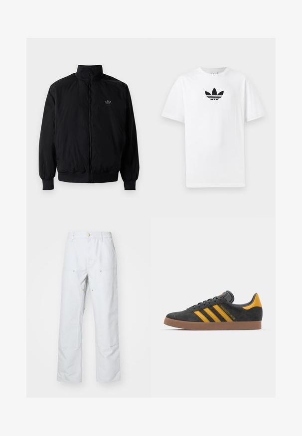 Veste noire à fermeture éclair avec col haut, fabriquée en matériau léger. Dotée de poignets et d'une taille élastiques, avec un petit logo en haut à gauche.; T-shirt en coton blanc présentant un logo noir d'Adidas au centre. Manches courtes et décolleté rond. Texture lisse.; Pantalons larges gris clair en tissu mélangé de coton. Présente deux poches avant, des coutures visibles et des accents de boutons dorés.; Baskets en suede noir avec des accents jaunes, présentant trois rayures et une semelle en caoutchouc marron. Comprend une languette rembourrée pour le confort.