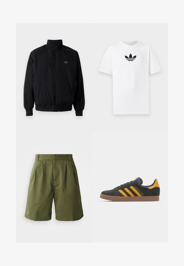 Giacca nera con zip e colletto alto, realizzata in materiale leggero. Presenta polsini e vita elastici, con un piccolo logo in alto a sinistra.; T-shirt bianco in cotone con logo Adidas nero al centro. Maniche corte e design con girocollo. Texture liscia.; Pantaloni corti verde oliva realizzati in tessuto leggero, con una parte anteriore plissettata, chiusura con bottone e tasche laterali, dal design dritto.; Sneaker in suede nero con dettagli gialli, dotato di tre strisce e una suola in gomma marrone. Include una linguetta imbottita per il comfort.