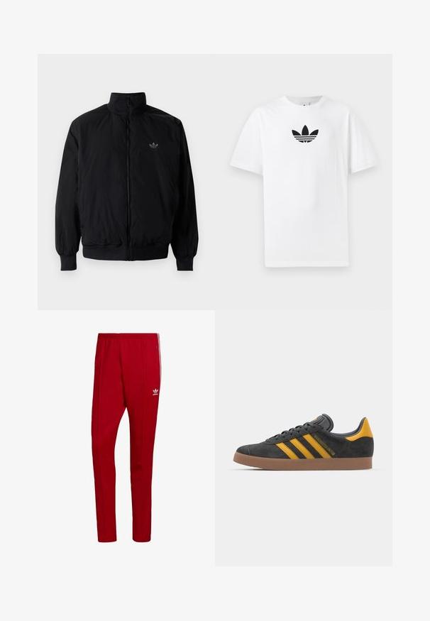 Crna jakna na zip s visokim ovratnikom, izrađena od laganog materijala. Ima elastične manžete i pojas, s malim logotipom na gornjem lijevom dijelu.; Bijela pamučna majica s crnim Adidas logom u centru. Kratki rukavi i dizajn s okruglim izrezom. Glatka tekstura.; Crvene atletske hlače s elastičnom waistline, bočnim zatvaračem na džepovima i tri bijele pruge sa strane. Ima mali logo na bedru.; Crne nubuk tenisice s žutim detaljima, sa tri pruge i smešnim gumenim potplatom. Imaju jastučić na jeziku za udobnost.