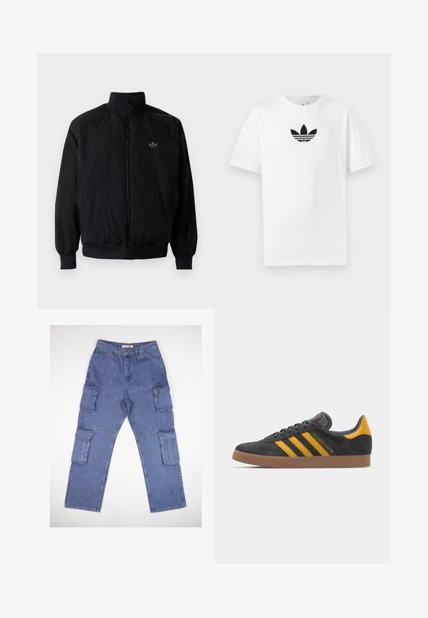 Crna jakna na zip s visokim ovratnikom, izrađena od laganog materijala. Ima elastične manžete i pojas, s malim logotipom na gornjem lijevom dijelu.; Bijela pamučna majica s crnim Adidas logom u centru. Kratki rukavi i dizajn s okruglim izrezom. Glatka tekstura.; Plave traperice s cargo krojem, koje imaju više bočnih džepova, ravnog su kroja i klasičnog pasa. Tkanina ima blagu teksturu i izbljedjela je.; Crne nubuk tenisice s žutim detaljima, sa tri pruge i smešnim gumenim potplatom. Imaju jastučić na jeziku za udobnost.