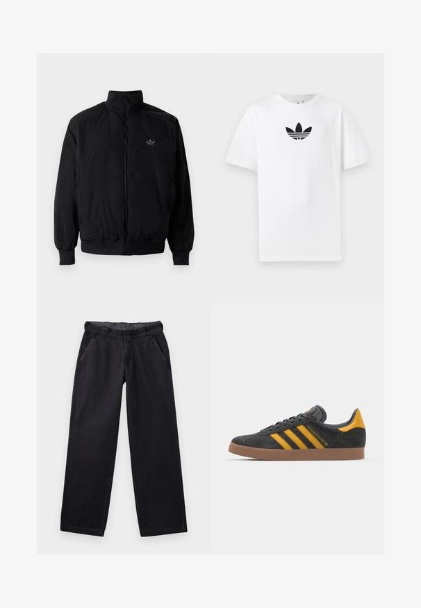 Czarna kurtka zapinana na zamek z wysokim kołnierzem, wykonana z lekkiego materiału. Posiada elastyczne mankiety i pas, oraz małe logo na górnej lewej stronie.; Biała bawełniana koszulka z krótkim rękawem, z czarnym logo Adidas na środku. Klasyczny fason z okrągłym dekoltem. Gładka tekstura.; Czarne spodnie o szerokich nogawkach, wykonane z solidnego materiału, z płaskim pasem, dwoma bocznymi kieszeniami i gładką teksturą.; Czarne zamszowe sneakersy z żółtymi akcentami, z trzema paskami i brązową gumową podeszwą. Posiadają wyściełany język dla większego komfortu.