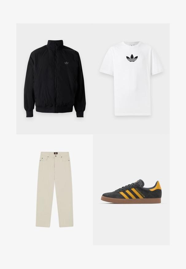 Crna jakna na zip s visokim ovratnikom, izrađena od laganog materijala. Ima elastične manžete i pojas, s malim logotipom na gornjem lijevom dijelu.; Bijela pamučna majica s crnim Adidas logom u centru. Kratki rukavi i dizajn s okruglim izrezom. Glatka tekstura.; Bež pamučne hlače ravnog kroja, s dva prednja i dva stražnja džepa. Metalni ukrasi na džepovima.; Crne nubuk tenisice s žutim detaljima, sa tri pruge i smešnim gumenim potplatom. Imaju jastučić na jeziku za udobnost.