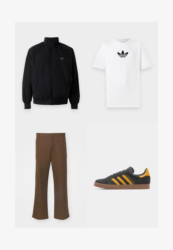 Schwarze Jacke mit Reißverschluss und hohem Kragen, aus leichtem Material gefertigt. Verfügt über elastische Bündchen und einen elastischen Saum, mit einem kleinen Logo oben links.; Weißes Baumwoll-T-Shirt mit einem schwarzen Adidas-Logo in der Mitte. Kurze Ärmel und Rundhalsausschnitt. Glatte Textur.; Braune, ausgestellte Hosen aus glattem Stoff mit einem Knopfverschluss, ausgestattet mit Fronttaschen und geraden Nähten entlang der Beine.; Schwarze Wildledersneaker mit gelben Akzenten, ausgestattet mit drei Streifen und einer braunen Gummisohle. Enthält eine gepolsterte Zunge für zusätzlichen Komfort.