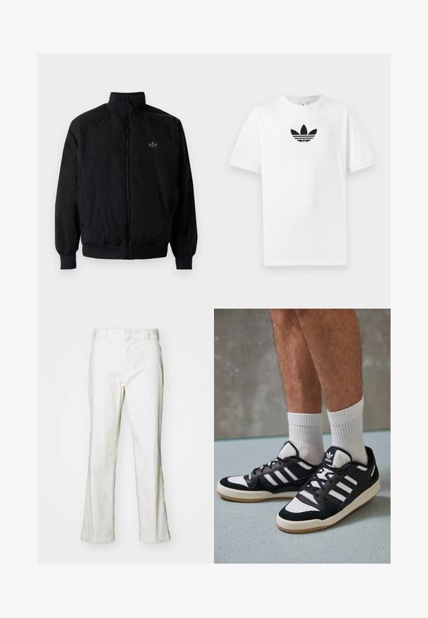 Crna jakna na zip s visokim ovratnikom, izrađena od laganog materijala. Ima elastične manžete i pojas, s malim logotipom na gornjem lijevom dijelu.; Bijela pamučna majica s crnim Adidas logom u centru. Kratki rukavi i dizajn s okruglim izrezom. Glatka tekstura.; Bijele pamučne hlače ravnog kroja, s pojasom i standardnim džepovima. Tkanina izgleda glatko i blago teksturirano.; Crne i bijele tenisice s gornjim dijelom od antilopa i kože, s tri bijele pruge, perforiranim prstom i gumiranim potplatom.