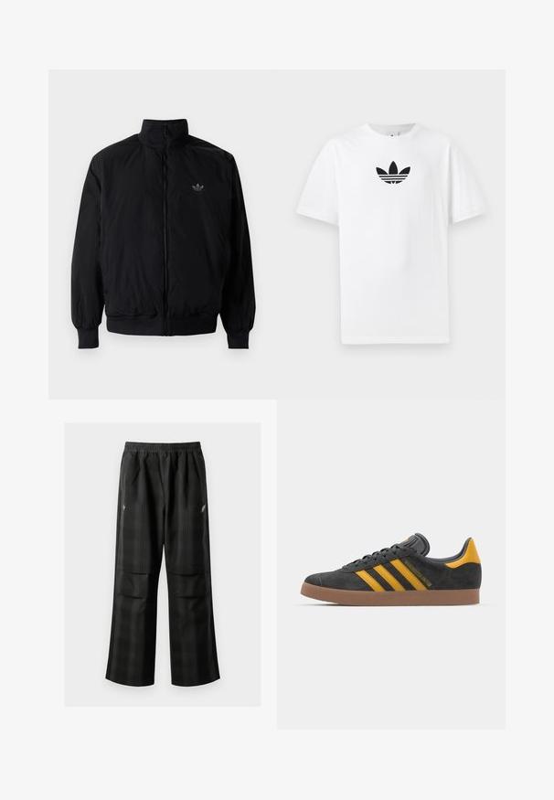 Crna jakna na zip s visokim ovratnikom, izrađena od laganog materijala. Ima elastične manžete i pojas, s malim logotipom na gornjem lijevom dijelu.; Bijela pamučna majica s crnim Adidas logom u centru. Kratki rukavi i dizajn s okruglim izrezom. Glatka tekstura.; Crne karirane hlače s elastičnom urezom, dva prednja džepa i ležernim krojem s ravnim nogavicama. Izrađene su od laganog materijala.; Crne nubuk tenisice s žutim detaljima, sa tri pruge i smešnim gumenim potplatom. Imaju jastučić na jeziku za udobnost.