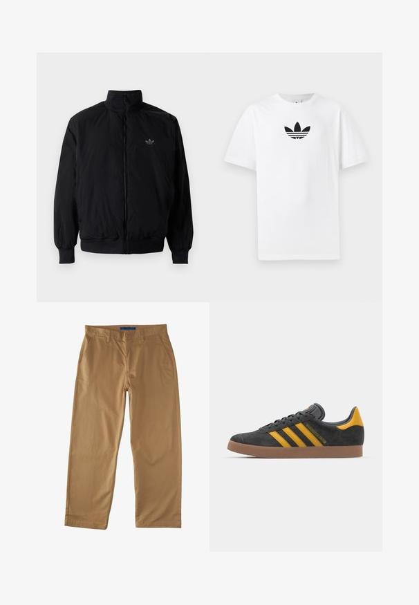 Černá zipová bunda s vysokým límcem, vyrobená z lehkého materiálu. Má elastické manžety a pas, s malým logem na horní levé straně.; Bílá bavlněná tričko s černým logem Adidas uprostřed. Krátký rukáv a design s kulatým výstřihem. Hladká textura.; Béžové bavlněné chinos kalhoty s rovným střihem, které mají dvě přední kapsy, jednu zadní kapsu a zapínání na knoflík. Hladká textura.; Černé semišové tenisky se žlutými akcenty, vybavené třemi pruhy a hnědou gumovou podrážkou. Obsahují polstrovaný jazyk pro pohodlí.