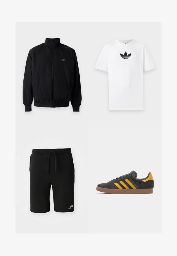 Black zipped jacket with high collar, made of lightweight material. Features elastic cuffs and waistband, with a small logo on the upper left.; White cotton T-shirt featuring a black Adidas logo at the center. Short sleeves and a crew neck design. Smooth texture.; Black cotton shorts with an elastic waistband, drawstring, side pockets, and a white logo detail on the lower hem. Smooth texture.; Black suede sneaker with yellow accents, featuring three stripes and a brown rubber sole. Includes a padded tongue for comfort.