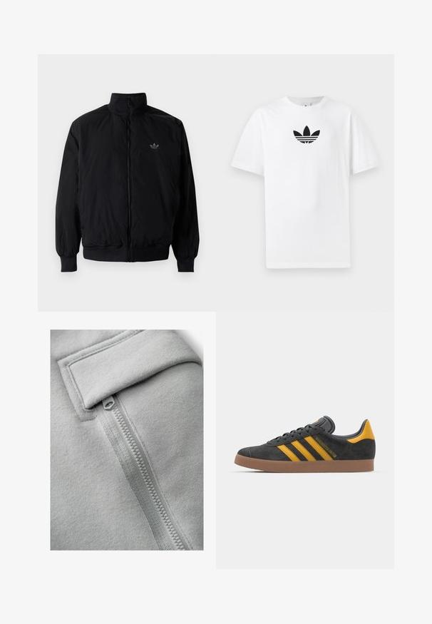 Veste noire à fermeture éclair avec col haut, fabriquée en matériau léger. Dotée de poignets et d'une taille élastiques, avec un petit logo en haut à gauche.; T-shirt en coton blanc présentant un logo noir d'Adidas au centre. Manches courtes et décolleté rond. Texture lisse.; Next UTILITY JOGGERS- REGULAR FIT - Pantalon cargo - light grey; Baskets en suede noir avec des accents jaunes, présentant trois rayures et une semelle en caoutchouc marron. Comprend une languette rembourrée pour le confort.