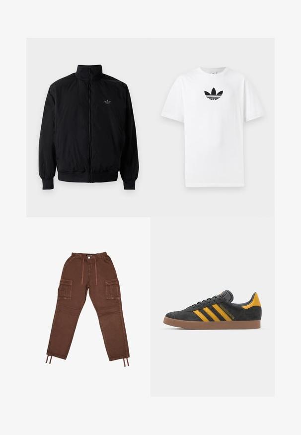Zwarte geluiting jack met hoge kraag, gemaakt van lichtgewicht materiaal. Voorzien van elastische manchetten en tailleband, met een klein logo op de linkerbovenkant.; Witte katoenen T-shirt met een zwart Adidas-logo in het midden. Korte mouwen en een ronde hals. Gladde textuur.; 2Y Studios LUNAS - Cargobroek - brown; Zwarte suède sneakers met gele accenten, voorzien van drie strepen en een bruine rubberen zool. Inclusief een gevoerde tong voor comfort.
