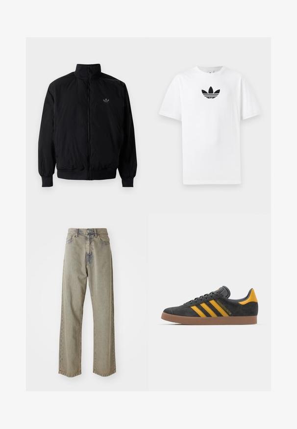 Black zipped jacket with high collar, made of lightweight material. Features elastic cuffs and waistband, with a small logo on the upper left.; White cotton T-shirt featuring a black Adidas logo at the center. Short sleeves and a crew neck design. Smooth texture.; Light gray wide-leg jeans made of denim, featuring a faded texture, visible stitching, and traditional button and zipper closure.; Black suede sneaker with yellow accents, featuring three stripes and a brown rubber sole. Includes a padded tongue for comfort.