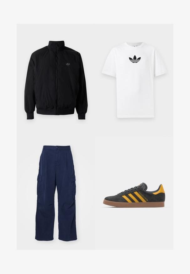 Czarna kurtka zapinana na zamek z wysokim kołnierzem, wykonana z lekkiego materiału. Posiada elastyczne mankiety i pas, oraz małe logo na górnej lewej stronie.; Biała bawełniana koszulka z krótkim rękawem, z czarnym logo Adidas na środku. Klasyczny fason z okrągłym dekoltem. Gładka tekstura.; Granatowe spodnie cargo wykonane z bawełny o luźnym kroju. Posiadają dwie boczne kieszenie oraz zapięcie na guzik w talii. Gładka tekstura i proste nogawki.; Czarne zamszowe sneakersy z żółtymi akcentami, z trzema paskami i brązową gumową podeszwą. Posiadają wyściełany język dla większego komfortu.