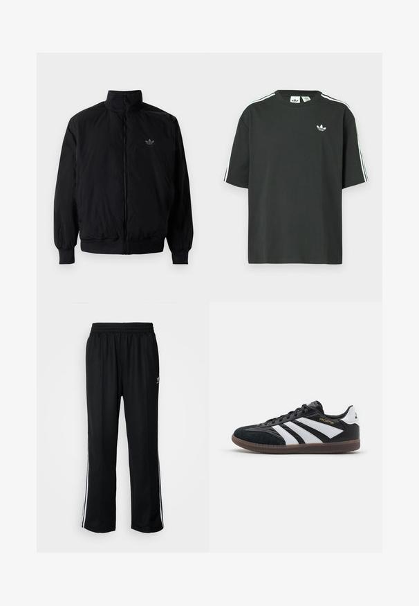 Giacca nera con zip e colletto alto, realizzata in materiale leggero. Presenta polsini e vita elastici, con un piccolo logo in alto a sinistra.; Maglietta nera in cotone con maniche corte, scollo rotondo e dettagli bianchi a tre strisce sulle spalle. Presenta un piccolo logo bianco sul petto.; Pantaloni da allenamento neri con elastico in vita, dotati di bande laterali bianche e un piccolo logo. Il materiale sembra morbido e leggero.; Scarpe da ginnastica in bianco e nero con tomaia in suede e materiale sintetico, dotate di tre strisce bianche distintive, suola in gomma e testo dorato "Predator".