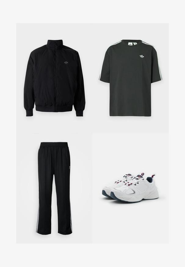 Černá zipová bunda s vysokým límcem, vyrobená z lehkého materiálu. Má elastické manžety a pas, s malým logem na horní levé straně.; Černé bavlněné tričko s krátkými rukávy, kulatým výstřihem a bílými třemi pruhy na ramenou. Na hrudi je malá bílá logo.; Černé sportovní kalhoty s elastickým pasem, s bílými bočními pruhy a malým logem. Materiál vypadá měkce a lehce.; Bílé sportovní boty s námořnickými akcenty, texturovanou kůží a síťovinovými panely, se šňůrkami v mnoha barvách a robustní podešví.