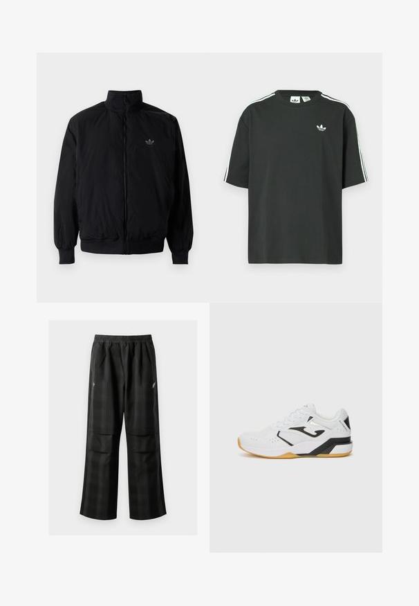 Schwarze Jacke mit Reißverschluss und hohem Kragen, aus leichtem Material gefertigt. Verfügt über elastische Bündchen und einen elastischen Saum, mit einem kleinen Logo oben links.; Schwarzes Baumwoll-T-Shirt mit kurzen Ärmeln, Rundhalsausschnitt und weißen Dreistreifen-Details auf den Schultern. Verfügt über ein kleines weißes Logo auf der Brust.; Schwarze karierte Hosen mit elastischem Bund, zwei Fronttaschen und lockerer Passform im geraden Beinschnitt. Hergestellt aus leichtem Material.; Weißer Sportschuh mit schwarzen Akzenten, strukturiertem Mesh-Obermaterial, Belüftungsöffnungen für Atmungsaktivität, dickem Gummisohle und Schnürdesign.