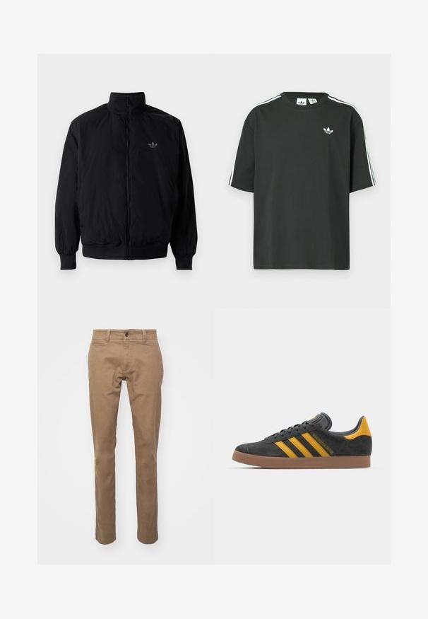 Black zipped jacket with high collar, made of lightweight material. Features elastic cuffs and waistband, with a small logo on the upper left.; Black cotton t-shirt with short sleeves, crew neckline, and white three-stripe detailing on shoulders. Features a small white logo on chest.; DOCKERS ALPHA SKINNY - Chinos - brown; Black suede sneaker with yellow accents, featuring three stripes and a brown rubber sole. Includes a padded tongue for comfort.