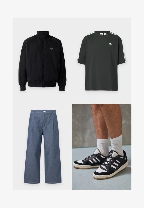 Black zipped jacket with high collar, made of lightweight material. Features elastic cuffs and waistband, with a small logo on the upper left.; Black cotton t-shirt with short sleeves, crew neckline, and white three-stripe detailing on shoulders. Features a small white logo on chest.; Lightweight denim trousers in a dark blue shade, featuring a high waist, wide legs, front pleats, and a button closure.; Black and white sneakers with a suede and leather upper, featuring three white stripes, a perforated toe, and a gum rubber sole.