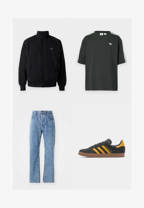 Black zipped jacket with high collar, made of lightweight material. Features elastic cuffs and waistband, with a small logo on the upper left.; Black cotton t-shirt with short sleeves, crew neckline, and white three-stripe detailing on shoulders. Features a small white logo on chest.; Light blue denim jeans featuring a high waist, wide leg design, classic five-pocket style, and subtle fading along the fabric.; Black suede sneaker with yellow accents, featuring three stripes and a brown rubber sole. Includes a padded tongue for comfort.