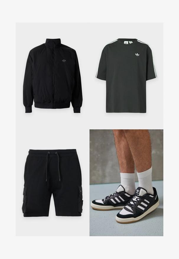 Black zipped jacket with high collar, made of lightweight material. Features elastic cuffs and waistband, with a small logo on the upper left.; Black cotton t-shirt with short sleeves, crew neckline, and white three-stripe detailing on shoulders. Features a small white logo on chest.; Black cargo shorts made of cotton blend, featuring two side pockets, adjustable waistband with drawstring, and a smooth texture.; Black and white sneakers with a suede and leather upper, featuring three white stripes, a perforated toe, and a gum rubber sole.