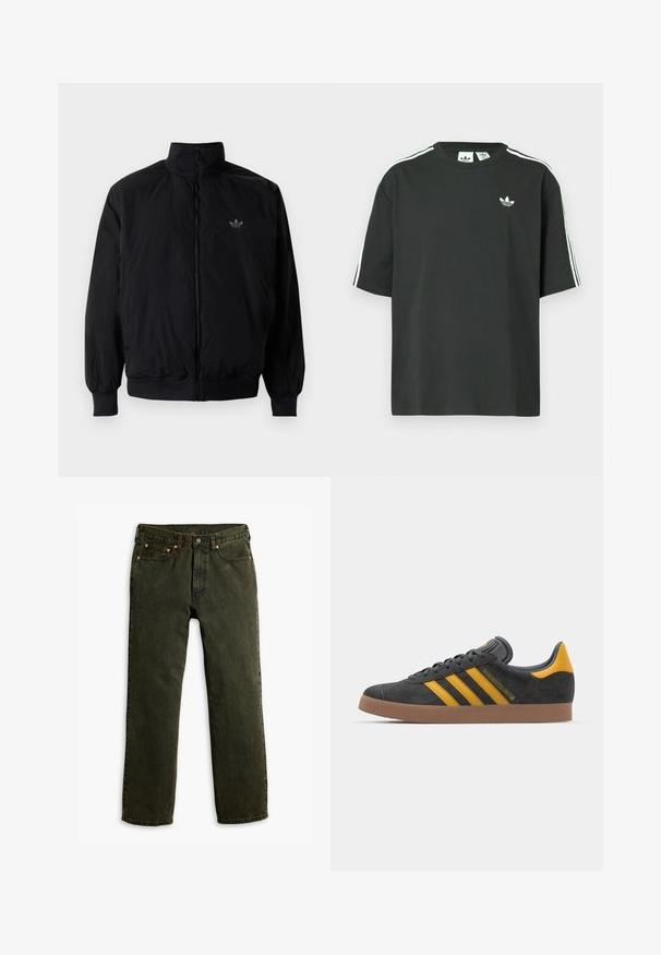 Crna jakna na zip s visokim ovratnikom, izrađena od laganog materijala. Ima elastične manžete i pojas, s malim logotipom na gornjem lijevom dijelu.; Crna pamučna majica kratkih rukava, s okruglim izrezom i bijelim detaljima u obliku triju pruga na ramenima. Na prsima se nalazi mali bijeli logotip.; Levi's® 565 LOOSE STRAIGHT - Traperice opuštenog kroja - flying solo od; Crne nubuk tenisice s žutim detaljima, sa tri pruge i smešnim gumenim potplatom. Imaju jastučić na jeziku za udobnost.