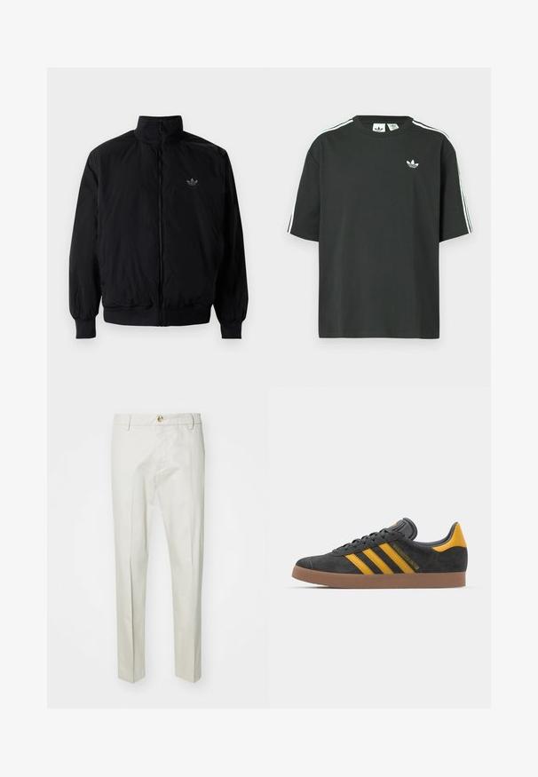 Musta vetoketjullinen takki, jossa on korkea kaulus, valmistettu kevyestä materiaalista. Varustettu joustavilla hihoilla ja vyötäröllä, ja ylävasemmalla on pieni logo.; Musta puuvillainen t-paita, jossa on lyhyet hihat, pyöreä pääntie ja valkoiset kolmen raidan yksityiskohdat olkapäillä. Rinnan kohdalla on pieni valkoinen logo.; Vaaleanbeige housut, jotka on valmistettu pehmeästä, teksturoidusta kankaasta. Varustettu napin sulkemisella, vyölenkeillä ja suorilla lahkeilla. Siisti, muotoiltu design.; Mustat samettiset tennarit, joissa on keltaisia yksityiskohtia, kolmonen raita ja ruskea kumipohja. Sisältää pehmustetun kielisen mukavuutta varten.
