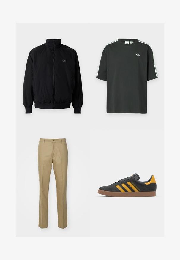 Black zipped jacket with high collar, made of lightweight material. Features elastic cuffs and waistband, with a small logo on the upper left.; Black cotton t-shirt with short sleeves, crew neckline, and white three-stripe detailing on shoulders. Features a small white logo on chest.; Khaki trousers made of cotton blend, featuring a straight cut, visible front pockets, a zip fly, and a classic waistband with a single button.; Black suede sneaker with yellow accents, featuring three stripes and a brown rubber sole. Includes a padded tongue for comfort.