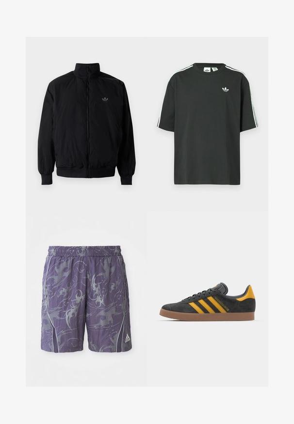 Black zipped jacket with high collar, made of lightweight material. Features elastic cuffs and waistband, with a small logo on the upper left.; Black cotton t-shirt with short sleeves, crew neckline, and white three-stripe detailing on shoulders. Features a small white logo on chest.; Purple athletic shorts with abstract silver patterns, elastic waistband, side piping, and Adidas logo on the bottom right leg.; Black suede sneaker with yellow accents, featuring three stripes and a brown rubber sole. Includes a padded tongue for comfort.