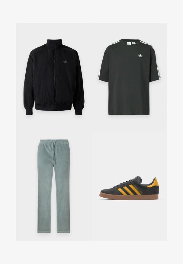 Czarna kurtka zapinana na zamek z wysokim kołnierzem, wykonana z lekkiego materiału. Posiada elastyczne mankiety i pas, oraz małe logo na górnej lewej stronie.; Czarny bawełniany t-shirt z krótkimi rękawami, okrągłym dekoltem i białym detalem w postaci trzech pasków na ramionach. Na piersi znajduje się małe białe logo.; Jasnoniebieskie spodnie sztruksowe z elastyczną talią i regulowanym sznurkiem. Posiadają proste nogawki oraz miękką, teksturowaną powierzchnię.; Czarne zamszowe sneakersy z żółtymi akcentami, z trzema paskami i brązową gumową podeszwą. Posiadają wyściełany język dla większego komfortu.